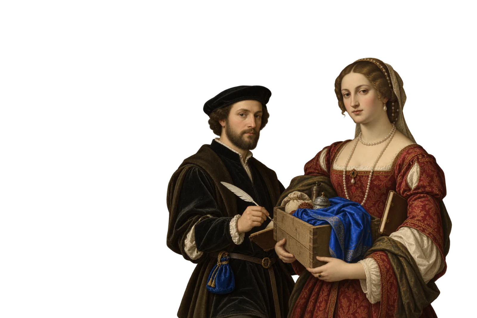 A merchant galleon with ultramarine sails, lifted from the painting.