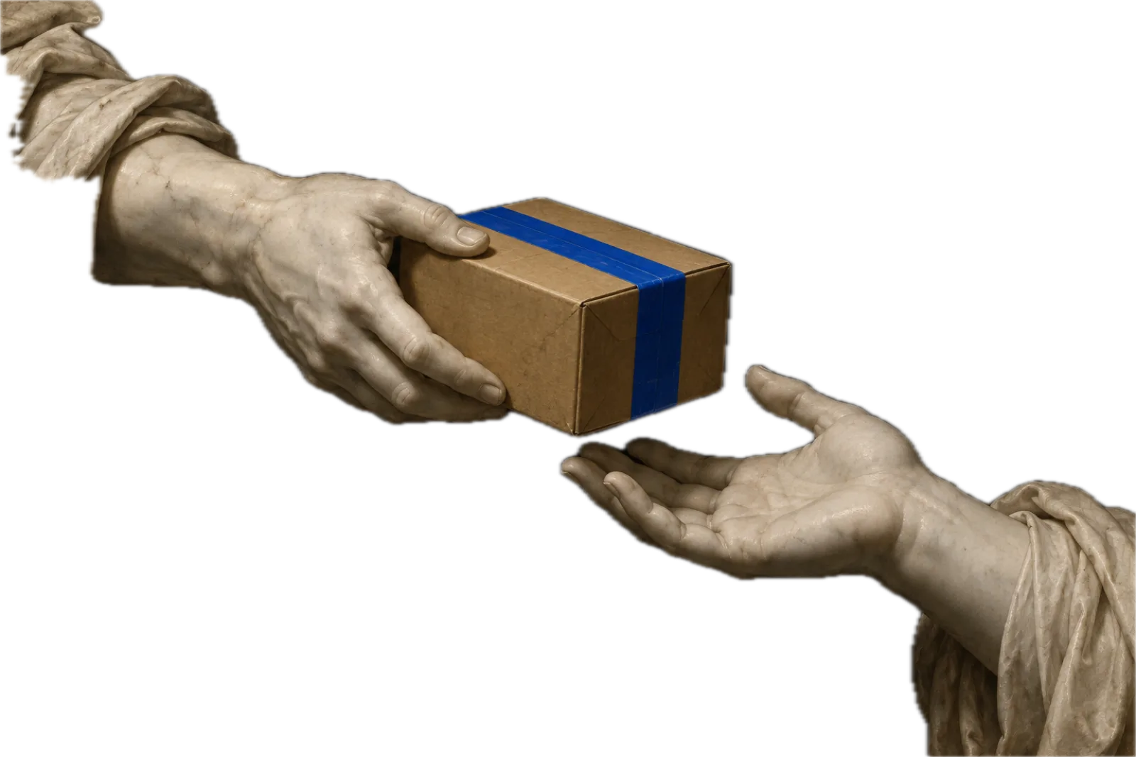 Two marble hands passing a small parcel sealed with blue tape.